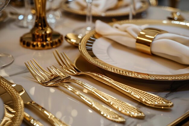 stół z złotymi widelcami i serwetką na nim