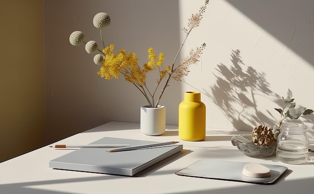 stół z żółtymi wazonami i kwiatami