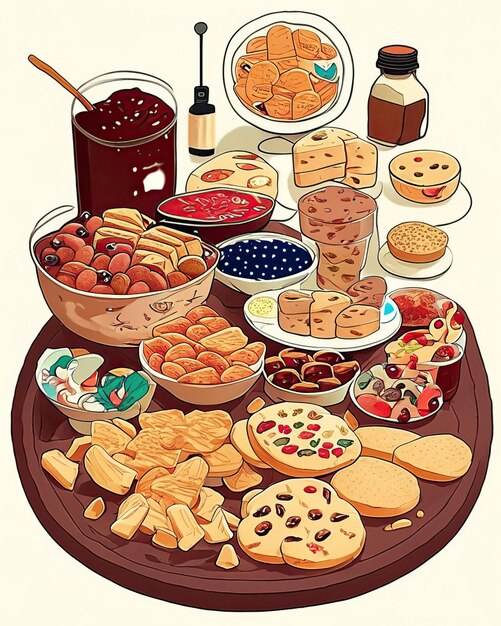 Zdjęcie stół zastawiony różnymi rodzajami przekąsek i słodkich przystawek