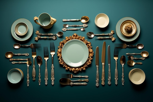 stół zastawiony sztućcami i złotymi talerzami