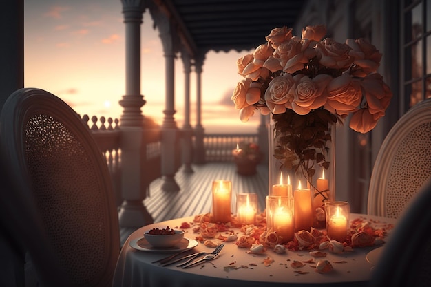 Stół ze świecą i kwiatami na nim