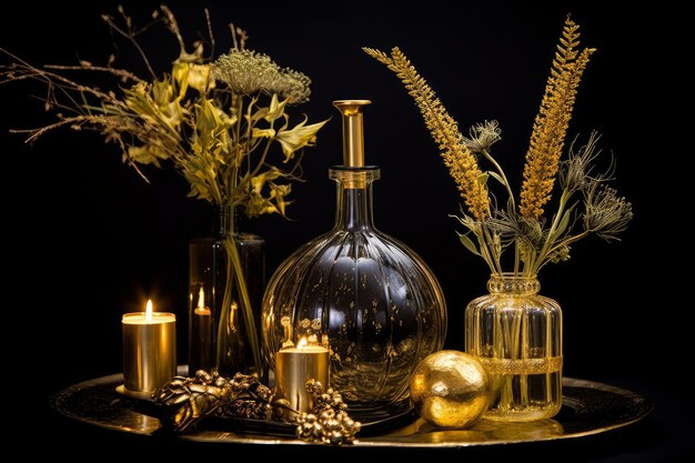 Stół ze świecami, kwiatami i butelką złota.