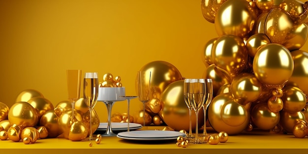 Stół ze złotym obrusem i bukietem balonów