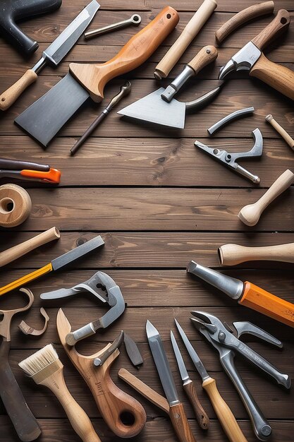 Stolarz Różne narzędzia na drewnianym tle