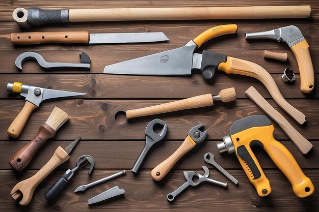 Stolarz Różne narzędzia na drewnianym tle