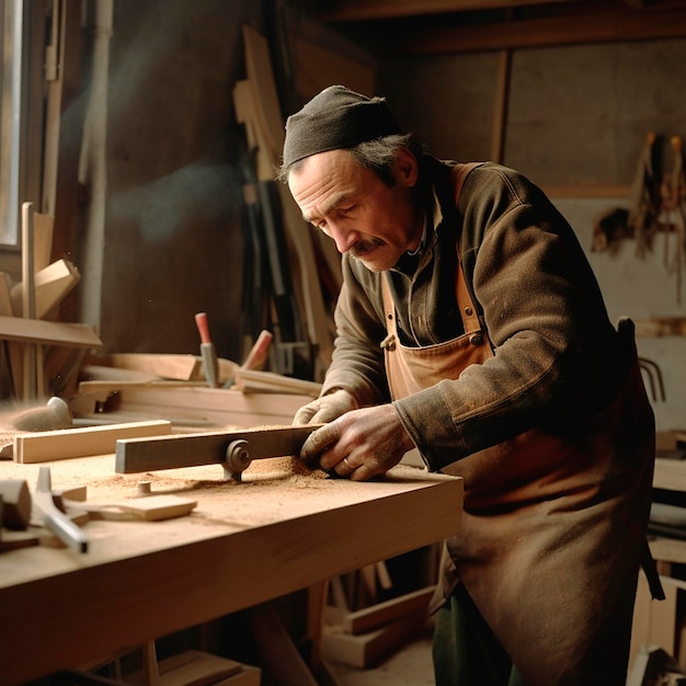Zdjęcie stolarze pracujący nad drewnem mężczyzna w odzieży roboczej robi portret drewnianego produktu z bliska