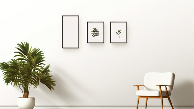 Stołek na ścianie roślina w doniczce biała ramka fotograficzna wektor