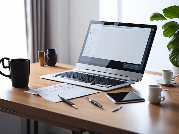 Stolik do pracy z laptopem, kawą i dokumentami w wnętrzu domu