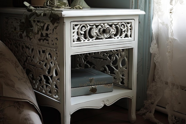 Stolik w stylu shabby chic z misterną metalową konstrukcją