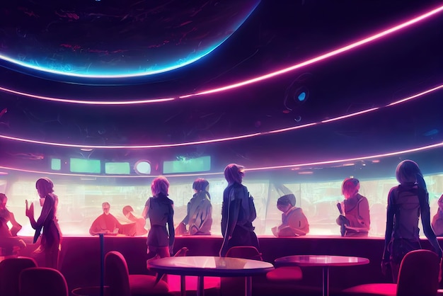 Stołki barowe cyberpunk BAR Cyberpunkowe miasto Neony cybercity tło przeciwne kolory