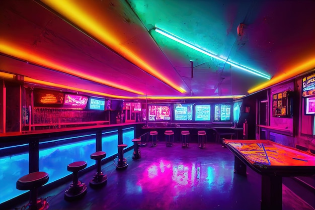 Stołki barowe w cyberpunkowym barze w cyberpunkowym mieście Neony cybercity tło przeciwne kolory