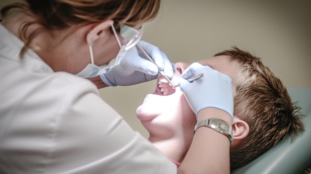 Zdjęcie stomatolog bada zęby mężczyzny w celu sprawdzenia jego zębów.