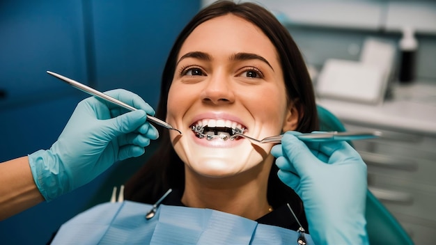 Stomatolog sprawdza zęby pacjenta za pomocą metalowych nawiasów w gabinecie stomatologicznym