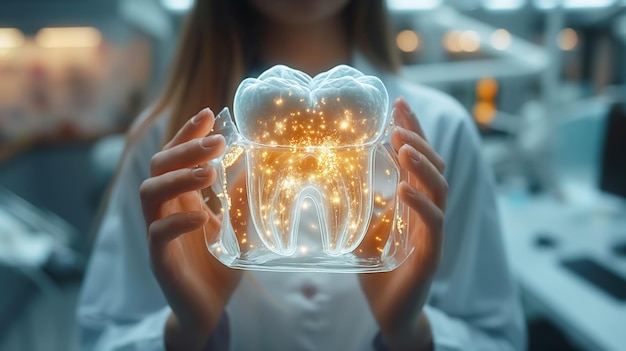 Stomatolog trzymający świecący hologram zęba i prezentujący innowacyjną opiekę stomatologiczną