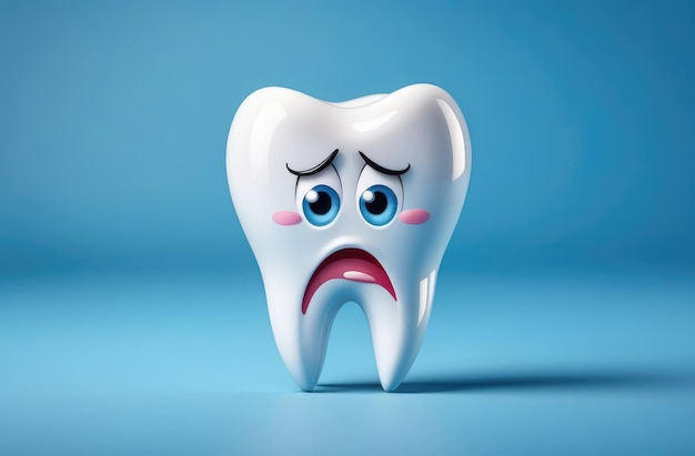 stomatologia pediatryczna smutna postać kreskówkowa z białym zębem na kolorowym tle