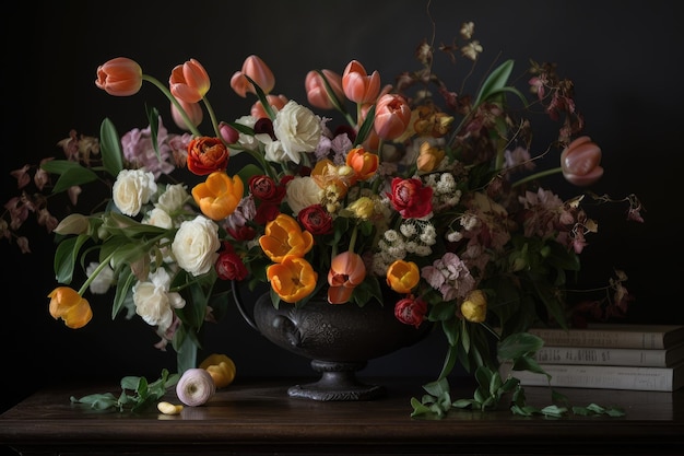 Stonowana kompozycja kwiatowa z tulipanami i innymi kwiatami sezonowymi