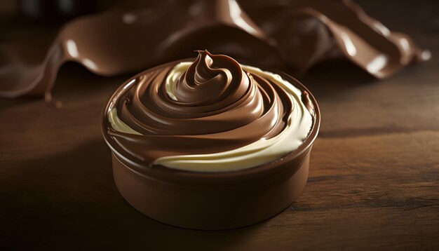 Zdjęcie stopiona ciemna czekolada płynąca, słodki deser w tle