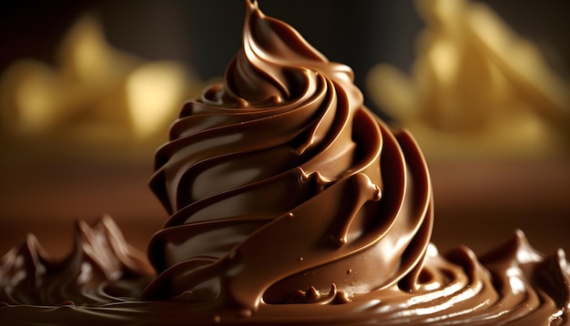 Stopiona ciemna czekolada płynąca, słodki deser w tle
