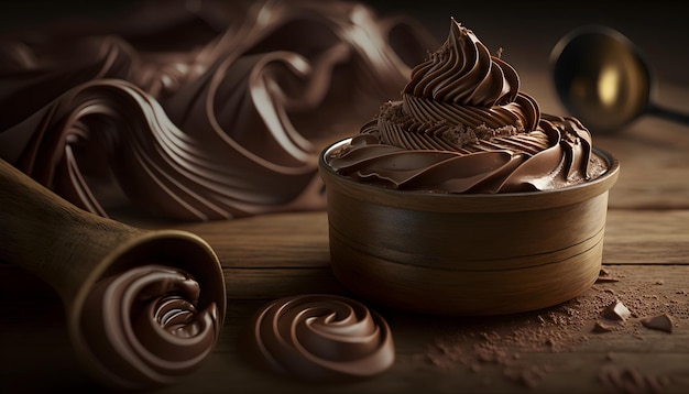 Stopiona ciemna czekolada płynąca, słodki deser w tle