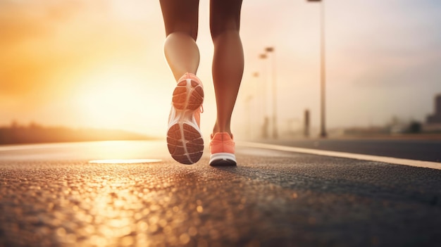 Stopy biegacza biegające po drodze zbliżenie na butach kobieta fitness wschód słońca jog workout wellness koncepcja