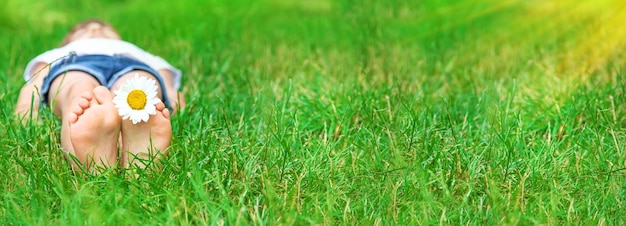 Stopy dziecięce z rumiankiem na zielonej trawie Selektywne skupienie