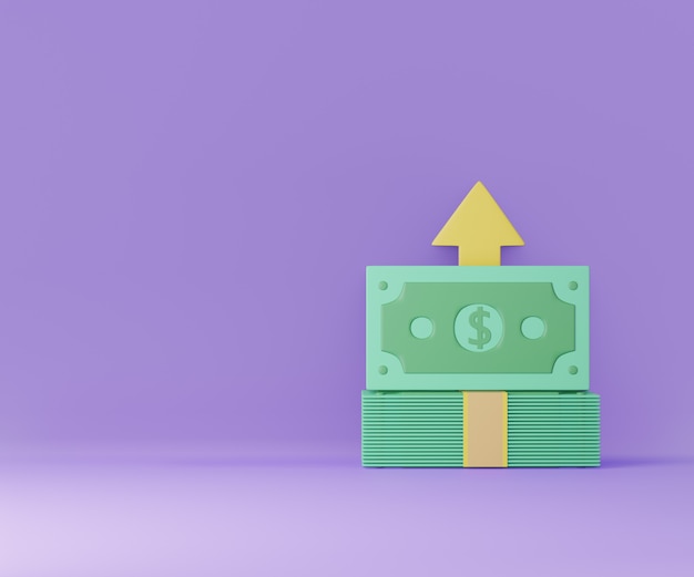Stos banknotów pieniędzy ze strzałką w górę plus znak na fioletowym tle. Oszczędność pieniędzy, bezgotówkowe. ilustracja renderowania 3D.