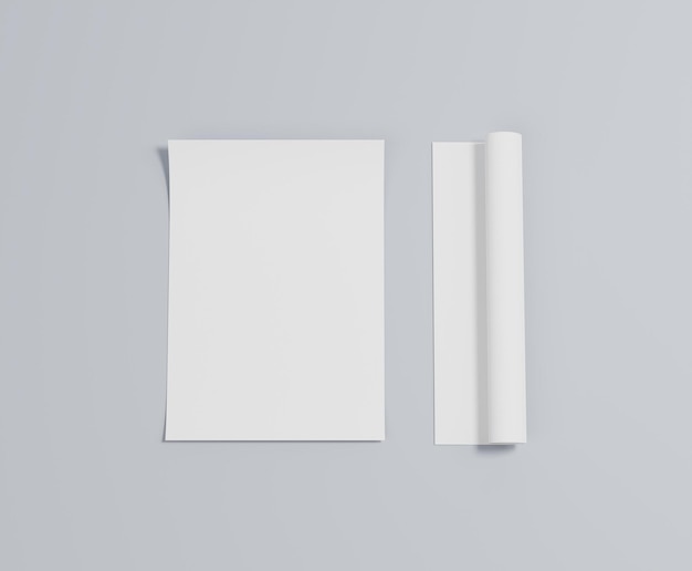 Stos białego papieru jest umieszczony na podłodze, a4, a3, puste ulotki, plakat, ułożone, renderowanie 3d, 3d