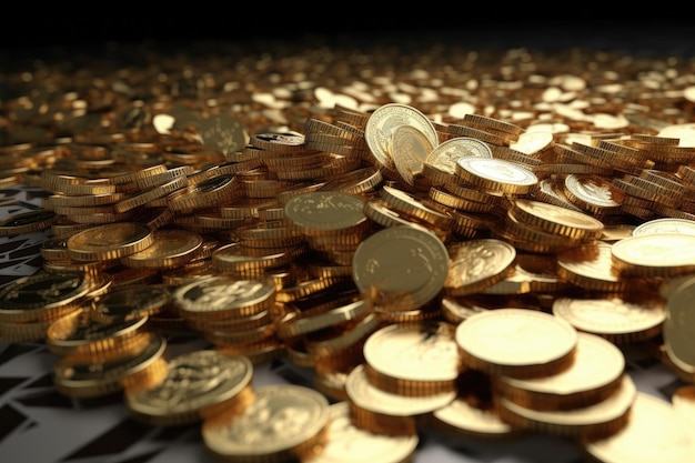 Stos błyszczących złotych monet na drewnianym stole Generacyjna sztuczna inteligencja