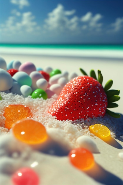 Stos cukierków siedzący na generatywnej ai piaszczystej plaży