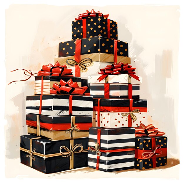 Stos czarno-białych pudełek z czerwonymi łukami. Doskonała świąteczna dekoracja.