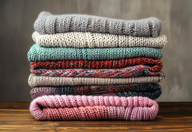 stos dzierżonych swetrów z jednym, który ma dużo przędzy na nim