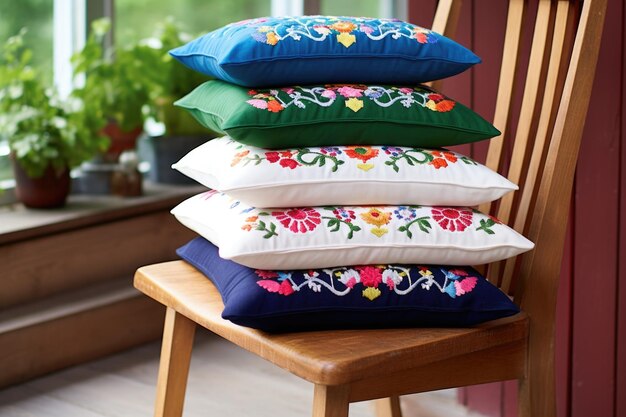 Zdjęcie stos haftowanych poduszek na drewnianej ławce