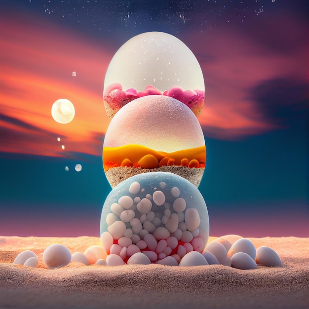 Stos jaj siedzi na generatywnej ai piaszczystej plaży