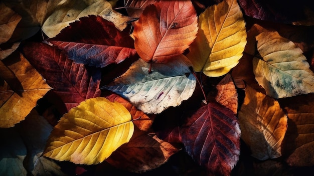 Stos jesiennych liści z napisem jesień