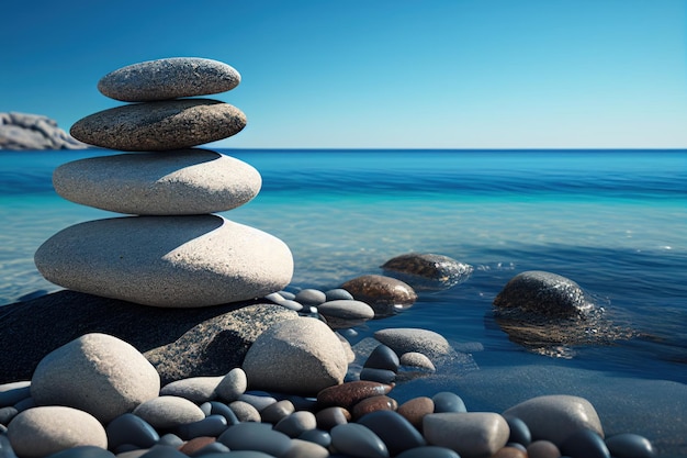 Stos kamieni na plaży z błękitnym niebem w tle.