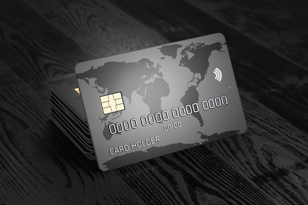Zdjęcie stos kart bankowych. karta kredytowa z mapą świata na ciemnym tle drewnianych. system płatności. płatności online. renderowania 3d.