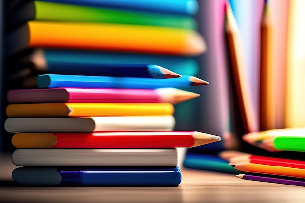 Stos kolorowych książek i ołówków na stole