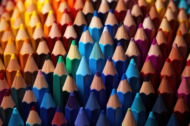 Stos kolorowych ołówków, końcówki, tło artystyczne.
