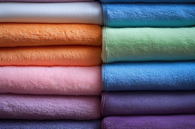stos kolorowych ręczników z napisem „na przodzie”.