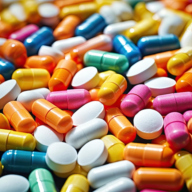 Stos kolorowych tabletek na receptę gotowych dla pacjentów w aptece