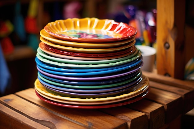 Stos kolorowych talerzy na drewnianym stojaku na naczynia