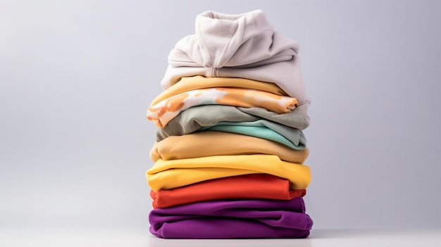 Stos kolorowych ubrań, w tym bluza z kapturem.