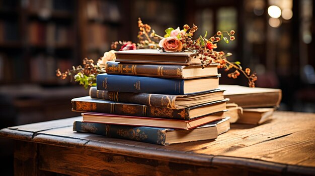 Zdjęcie stos książek na drewnianym stole.