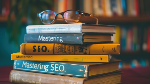 Stos książek na temat marketingu cyfrowego z jedną książką z tytułem Mastering SEO