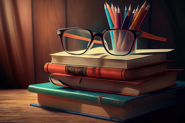 Stos książek pecil notatnik okulary studium Generative Ai
