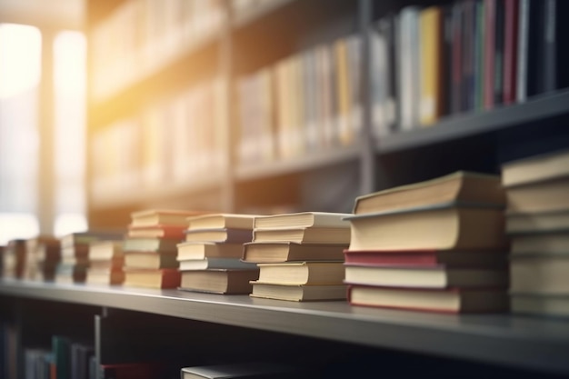 Stos książek w bibliotece i niewyraźne tło półki dla edukacji z powrotem