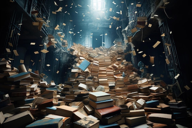 Stos książek w bibliotece na magicznych stronach książek latających w powietrzu