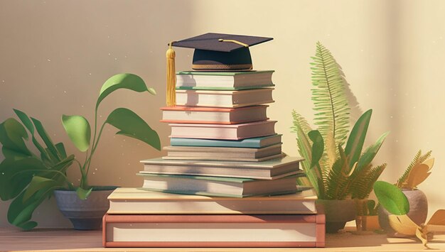 Zdjęcie stos książek z czapką ukończenia szkoły na górze.