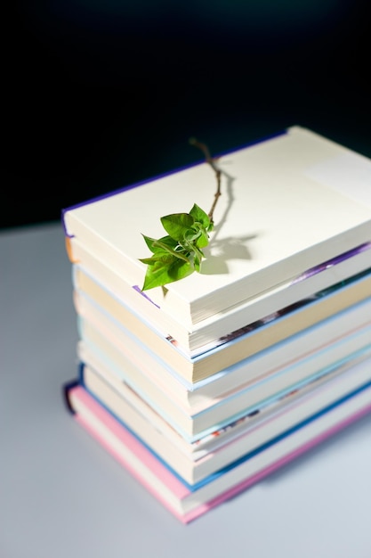 Stos książek z gałęzi zielonymi liśćmi Światowy dzień książki