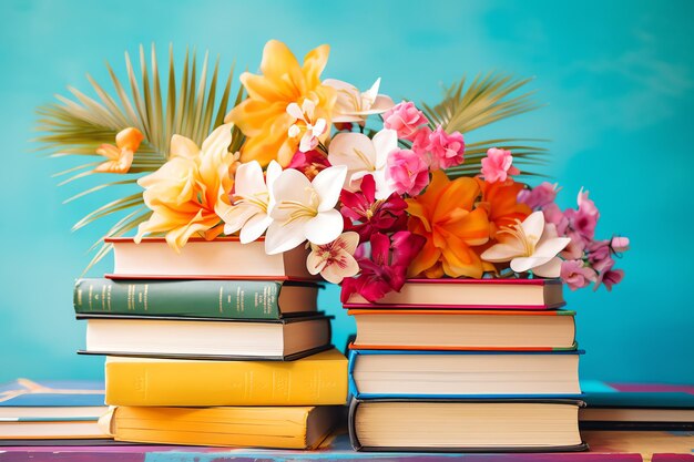 Zdjęcie stos książek z kwiatowymi elementami prosty akcesorium życia na letni dzień w tropikalnym kolorze w